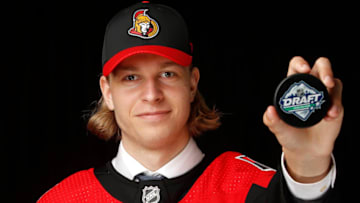 VANCOUVER, BRITISH COLUMBIA - JUNE 22: Mads Sogaard poses after being selected 37th overall by the Ottawa Senators during the 2019 NHL Draft at Rogers Arena on June 22, 2019 in Vancouver, Canada. (Photo by Kevin Light/Getty Images)