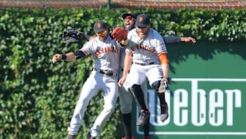 Sep 3, 2016; Chicago, IL, USA; San Francisco Giants left fielder Angel Pagan (left) and center fielder Denard Span (center) and right fielder Hunter Pence (right) celebrate the final out of the ninth inning against the Chicago Cubs at Wrigley Field. San Francisco won 3-2. Mandatory Credit: Dennis Wierzbicki-USA TODAY Sports