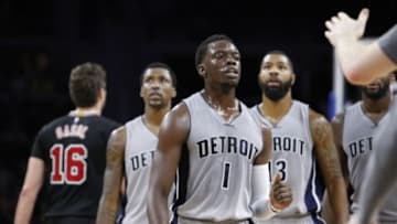 Oct 30, 2015; Auburn Hills, MI, USA; Detroit Pistons guard Reggie Jackson (1) pumps his fist as he walks to the bench during overtime against the Chicago Bulls at The Palace of Auburn Hills. The Pistons won 98-94. Mandatory Credit: Raj Mehta-USA TODAY Sports