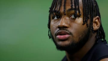 INDIANAPOLIS, IN - FEBRUARY 28: Running back D'Andre Swift of Georgia looks on during the NFL Combine at Lucas Oil Stadium on February 28, 2020 in Indianapolis, Indiana. (Photo by Joe Robbins/Getty Images)