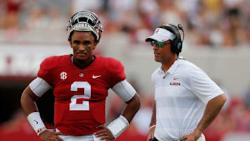 TUSCALOOSA, AL - SEPTEMBER 08: Jalen Hurts #2 of the Alabama Crimson Tide converses with quarterbacks coach Dan Enos during the game against the Arkansas State Red Wolves at Bryant-Denny Stadium on September 8, 2018 in Tuscaloosa, Alabama. (Photo by Kevin C. Cox/Getty Images)