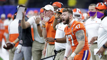 Jan 1, 2021; New Orleans, LA, USA; Clemson Tigers linebacker James Skalski (47), who was ejected from the game in the first half for targeting reacts on the sideline during the second half against the Ohio State Buckeyes at Mercedes-Benz Superdome. Mandatory Credit: Derick E. Hingle-USA TODAY Sports