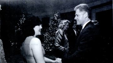 A photograph showing former White House intern Monica Lewinsky meeting President Bill Clinton at a White House function submitted as evidence in documents by the Starr investigation and released by the House Judicary committee September 21, 1998.