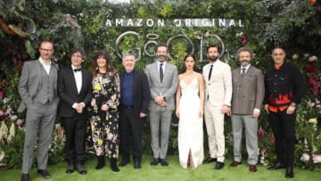 LONDON, ENGLAND - MAY 28: Mark Gatiss, Neil Gaiman, Josie Lawrence, Douglas Mackinnon, Jon Hamm, Adria Arjona, David Tennant, Michael Sheen and Rob Wilkins attend the Global premiere of Amazon Original "Good Omens" at Odeon Luxe Leicester Square on May 28, 2019 in London, England. (Photo by Mike Marsland/WireImage)