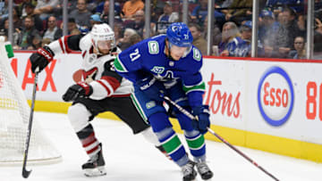 VANCOUVER, BC - SEPTEMBER 26: Vancouver Canucks Left Wing Loui Eriksson (21) is pursued by Arizona Coyotes Defenseman Alex Goligoski (33) during their NHL game at Rogers Arena on September 26, 2019 in Vancouver, British Columbia, Canada. (Photo by Derek Cain/Icon Sportswire via Getty Images)