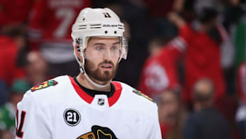GLENDALE, ARIZONA - MARCH 26: Brendan Perlini #11 of the Chicago Blackhawks during the first period of the NHL game against the Arizona Coyotes at Gila River Arena on March 26, 2019 in Glendale, Arizona. (Photo by Christian Petersen/Getty Images)