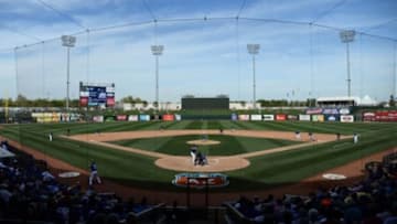 Mar 3, 2016; Surprise, AZ, USA; A general view of game action during the seventh inning between the Kansas City Royals and the Texas Rangers at Surprise Stadium. Mandatory Credit: Joe Camporeale-USA TODAY Sports