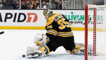 BOSTON, MA - DECEMBER 19: Linus Ullmark #35 of the Boston Bruins makes a skate save against the Florida Panthers during the second period at the TD Garden on December 19, 2022 in Boston, Massachusetts. The Bruins won 7-3. (Photo by Richard T Gagnon/Getty Images)
