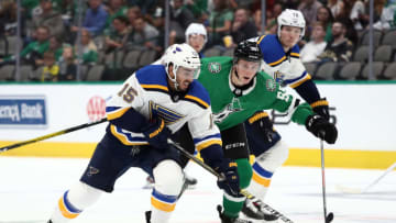 DALLAS, TEXAS - SEPTEMBER 16: Robby Fabbri #15 of the St. Louis Blues during a NHL preseason game at American Airlines Center on September 16, 2019 in Dallas, Texas. (Photo by Ronald Martinez/Getty Images)
