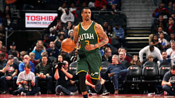 AUBURN HILLS, MI - MARCH 15: George Hill #3 of the Utah Jazz brings the ball up court during the game against the Detroit Pistons on March 15, 2017 at The Palace of Auburn Hills in Auburn Hills, Michigan. NOTE TO USER: User expressly acknowledges and agrees that, by downloading and/or using this photograph, User is consenting to the terms and conditions of the Getty Images License Agreement. Mandatory Copyright Notice: Copyright 2017 NBAE (Photo by Brian Sevald/NBAE via Getty Images)