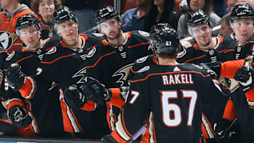 ANAHEIM, CA - APRIL 6: Rickard Rakell #67 of the Anaheim Ducks celebrates with the bench after his first-period goal during the game against the Dallas Stars at Honda Center on April 6, 2018 in Anaheim, California. (Photo by Debora Robinson/NHLI via Getty Images)