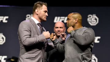 BROOKLYN, NEW YORK - APRIL 06: (L-R) Opponents Stipe Miocic and Daniel Cormier face off during the UFC press conference inside Barclays Center on April 6, 2018 in Brooklyn, New York. (Photo by Jeff Bottari/Zuffa LLC/Zuffa LLC via Getty Images)