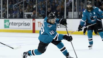 SAN JOSE, CA - MAY 02: Kevin Labanc #62 of the San Jose Sharks in action against the Vegas Golden Knights during Game Four of the Western Conference Second Round during the 2018 NHL Stanley Cup Playoffs at SAP Center on May 2, 2018 in San Jose, California. (Photo by Ezra Shaw/Getty Images)