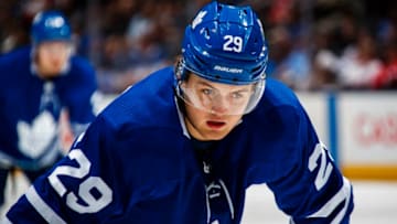 TORONTO, ON - MARCH 24: William Nylander #29 of the Toronto Maple Leafs waits for a faceoff against the Detroit Red Wings during the first period at the Air Canada Centre on March 24, 2018 in Toronto, Ontario, Canada. (Photo by Mark Blinch/NHLI via Getty Images)