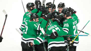 DALLAS, TX - JANUARY 4: Alexander Radulov #47, Brett Ritchie #25, Devin Shore #17 and the Dallas Stars celebrate a win against the Washington Capitals at the American Airlines Center on January 4, 2019 in Dallas, Texas. (Photo by Glenn James/NHLI via Getty Images)