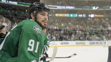 Dec 15, 2015; Dallas, TX, USA; Dallas Stars center Tyler Seguin (91) watches his team take on the Columbus Blue Jackets during the third period at the American Airlines Center. Seguin scores two goals. The Stars defeat the Blue Jackets 5-1. Mandatory Credit: Jerome Miron-USA TODAY Sports