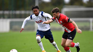 ENFIELD, ENGLAND - OCTOBER 03: J'Neil Bennett of Tottenham Hotspur and Will Ferry of Southampton in action during the Premier League 2 game between Tottenham Hotspur and Southampton at Tottenham Hotspur Training Centre on October 03, 2020 in Enfield, England. (Photo by Justin Setterfield/Getty Images)