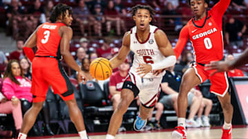 South Carolina basketball's Meechie Johnson drives to the basket in the win against Georgia. Mandatory Credit: Jeff Blake-USA TODAY Sports