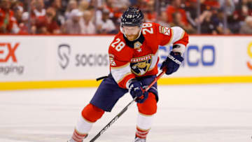 May 5, 2022; Sunrise, Florida, USA; Florida Panthers right wing Claude Giroux (28) moves the puck during the second period against the Washington Capitals in game two of the first round of the 2022 Stanley Cup Playoffs at FLA Live Arena. Mandatory Credit: Sam Navarro-USA TODAY Sports
