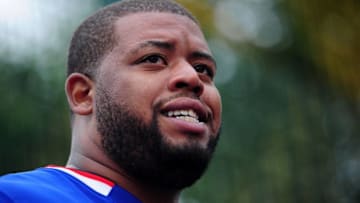 LONDON, ENGLAND - JULY 15: Cordy Glenn of Buffalo Bills talks to the media during the NFL Launch of the Play 60 scheme at the Black Prince Community Hub on July 15, 2015 in London, England. (Photo by Dan Mullan/Getty Images)