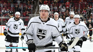 GLENDALE, AZ - MARCH 09: Carl Grundstrom #38 of the Los Angeles Kings skates off the ice after scoring his first career NHL goal in his first career NHL game against the Arizona Coyotes during the third period at Gila River Arena on March 9, 2019 in Glendale, Arizona. (Photo by Norm Hall/NHLI via Getty Images)