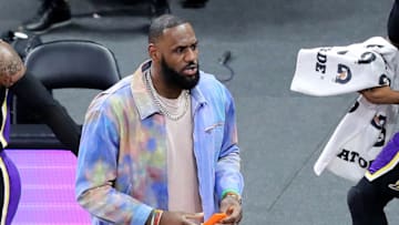 ORLANDO, FL - APRIL 26: Injured player LeBron James #23 of the Los Angeles Lakers is seen on the court during a game against the Orlando Magic at Amway Center on April 26, 2021 in Orlando, Florida. NOTE TO USER: User expressly acknowledges and agrees that, by downloading and or using this photograph, User is consenting to the terms and conditions of the Getty Images License Agreement. (Photo by Alex Menendez/Getty Images)