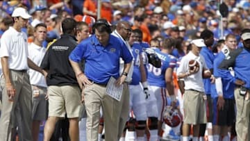 Nov 9, 2013; Gainesville, FL, USA; Florida Gators head coach Will Muschamp reacts on the sidelines against the Vanderbilt Commodores during the second quarter at Ben Hill Griffin Stadium. Mandatory Credit: Kim Klement-USA TODAY Sports