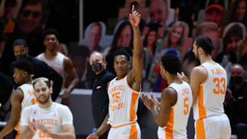 Tennessee's Yves Pons (35) waves to fans as he leaves the court during the NCAA mens basketball game between the Tennessee Volunteers and Florida Gators in Knoxville, Tenn. on Sunday, March 7, 2021.Kn Ut Florida