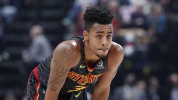 INDIANAPOLIS, IN - MARCH 09: Jaylen Morris #3 of the Atlanta Hawks looks on against the Indiana Pacers during a game at Bankers Life Fieldhouse on March 9, 2018 in Indianapolis, Indiana. The Pacers won 112-87. NOTE TO USER: User expressly acknowledges and agrees that, by downloading and or using the photograph, User is consenting to the terms and conditions of the Getty Images License Agreement. (Photo by Joe Robbins/Getty Images)