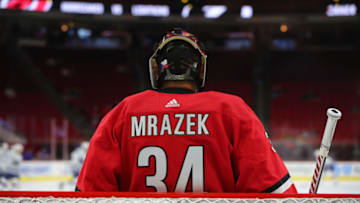 RALEIGH, NC - SEPTEMBER 18:Carolina Hurricanes goaltender Petr Mrazek (34) during the warmups of the Carolina Hurricanes game versus the Tampa Bay Lightning on September 18th, 2019 at PNC Arena in Raleigh, NC. (Photo by Jaylynn Nash/Icon Sportswire via Getty Images)