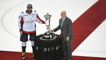 TAMPA BAY, FL - MAY 23:Washington Capitals left wing Alex Ovechkin (8) poses with the Prince of Wales Trophy after Game 7 of the Eastern Conference Finals between the Washington Capitals and the Tampa Bay Lightning on Wednesday, May 23, 2018. (Photo by Jonathan Newton/The Washington Post via Getty Images)