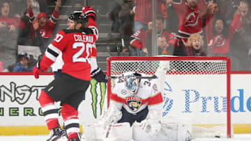 NEWARK, NJ - OCTOBER 27: Blake Coleman #20 of the New Jersey Devils reacts after putting the puck past James Reimer #34 of the Florida Panthers for a second-period goal during the game at Prudential Center on October 27, 2018 in Newark, New Jersey. (Photo by Andy Marlin/NHLI via Getty Images)