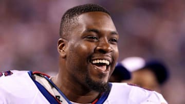 Aug 14, 2015; Orchard Park, NY, USA; Buffalo Bills tackle Seantrel Henderson (66) against the Carolina Panthers in a preseason NFL football game at Ralph Wilson Stadium. Panthers beat the Bills 25 to 24. Mandatory Credit: Timothy T. Ludwig-USA TODAY Sports
