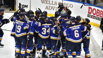 ST. LOUIS, MO - MAY 21: Blues players pour on to the ice to celebrate winning game six of the NHL Western Conference Final between the San Jose Sharks and the St. Louis Blues, on May 21, 2019, at Enterprise Center, St. Louis, Mo. (Photo by Keith Gillett/Icon Sportswire via Getty Images)