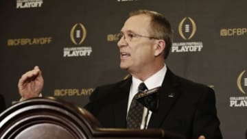 Oct 28, 2014; Grapevine, TX, USA; Selection committee chair Jeff Long speaks to the media after unveiling the top 25 teams in the initial college football playoff rankings at the Gaylord Texan Hotel. Mandatory Credit: Kevin Jairaj-USA TODAY Sports
