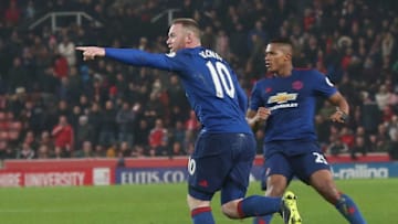 STOKE ON TRENT, ENGLAND - JANUARY 21: Wayne Rooney of Manchester United celebrates scoring their first goal and becoming the club's record goalscorer with 250 goals during the Premier League match between Stoke City and Manchester United at Bet365 Stadium on January 21, 2017 in Stoke on Trent, England. (Photo by Tom Purslow/Man Utd via Getty Images)