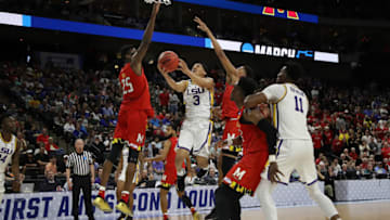 JACKSONVILLE, FLORIDA - MARCH 23: Tremont Waters #3 of the LSU Tigers goes up for a shot against Jalen Smith #25 of the Maryland Terrapins during the second half of the game in the second round of the 2019 NCAA Men's Basketball Tournament at Vystar Memorial Arena on March 23, 2019 in Jacksonville, Florida. (Photo by Sam Greenwood/Getty Images)