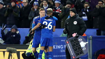 LEICESTER, ENGLAND - JANUARY 16: Riyad Mahrez of Leicester City is replaced by Jamie Vardy of Leicester City as a substitute during The Emirates FA Cup Third Round Replay match between Leicester City and Fleetwood Town at The King Power Stadium on January 16, 2018 in Leicester, England. (Photo by Julian Finney/Getty Images )
