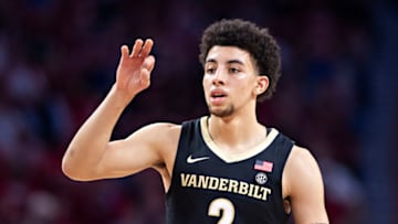 FAYETTEVILLE, AR - JANUARY 15: Scotty Pippen Jr. #2 of the Vanderbilt Commodores signals the offense during a game against the Arkansas Razorbacks at Bud Walton Arena on January 15, 2020 in Fayetteville, Arkansas. The Razorbacks defeated the Commodores 75-55. (Photo by Wesley Hitt/Getty Images)