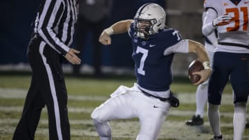 STATE COLLEGE, PA - DECEMBER 19: Will Levis #7 of the Penn State Nittany Lions celebrates after scoring a touchdown against the Illinois Fighting Illini during the first half at Beaver Stadium on December 19, 2020 in State College, Pennsylvania. (Photo by Scott Taetsch/Getty Images)