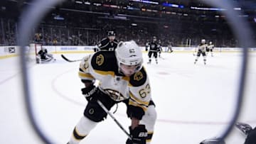 Mar 19, 2016; Los Angeles, CA, USA; Boston Bruins left wing Brad Marchand (63) chases the puck during the third period against the Los Angeles Kings at Staples Center. The Los Angeles Kings won 2-1. Mandatory Credit: Kelvin Kuo-USA TODAY Sports