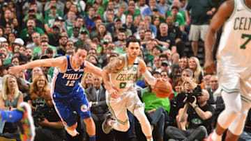 BOSTON, MA - MAY 3: Shane Larkin #8 of the Boston Celtics handles the ball against the Philadelphia 76ers during Game Two of the Eastern Conference Semifinals of the 2018 NBA Playoffs on May 3, 2018 at the TD Garden in Boston, Massachusetts. NOTE TO USER: User expressly acknowledges and agrees that, by downloading and or using this photograph, User is consenting to the terms and conditions of the Getty Images License Agreement. Mandatory Copyright Notice: Copyright 2018 NBAE (Photo by Jesse D. Garrabrant/NBAE via Getty Images)