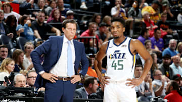 SALT LAKE CITY, UT - OCTOBER 5: Head Coach Quin Snyder and Donovan Mitchell #45 of the Utah Jazz look on during a pre-season game against Adelaide 36ers on October 5, 2018 at vivint.SmartHome Arena in Salt Lake City, Utah. Copyright 2018 NBAE (Photo by Melissa Majchrzak/NBAE via Getty Images)