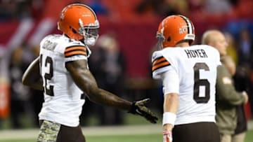 Nov 23, 2014; Atlanta, GA, USA; Cleveland Browns wide receiver Josh Gordon (12) shakes hands with quarterback Brian Hoyer (6) prior to the game against the Atlanta Falcons at the Georgia Dome. Mandatory Credit: Dale Zanine-USA TODAY Sports