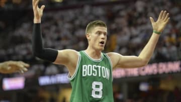 Apr 19, 2015; Cleveland, OH, USA; Boston Celtics forward Jonas Jerebko (8) reacts in the second quarter against the Cleveland Cavaliers in game one of the first round of the NBA Playoffs at Quicken Loans Arena. Mandatory Credit: David Richard-USA TODAY Sports