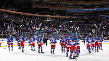 NEW YORK, NY - FEBRUARY 05: The New York Rangers celebrate after defeating the Toronto Maple Leafs 5-3 at Madison Square Garden on February 5, 2020 in New York City. (Photo by Jared Silber/NHLI via Getty Images)