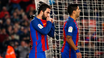 Arda Turan celebration during the 1/4 final King Cup match between F.C. Barcelona v Real Sociedad, in Barcelona, on January 26, 2017.(Photo by Urbanandsport/NurPhoto via Getty Images)