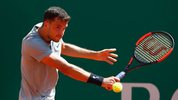 MONTE-CARLO, MONACO - APRIL 20: Grigor Dimitrov of Bulgaria in action in his singles match against David Goffin of Belgium during say six of ATP Masters Series: Monte Carlo Rolex Masters at Monte-Carlo Sporting Club on April 20, 2018 in Monte-Carlo, Monaco. (Photo by Julian Finney/Getty Images)