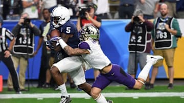 GLENDALE, AZ - DECEMBER 30: DaeSean Hamilton #5 of the Penn State Nittany Lions scores a touchdown on a 48 yard reception during the first quarter while dragging Byron Murphy #1 of the Washington Huskies into the endzone during the Playstation Fiesta Bowl at University of Phoenix Stadium on December 30, 2017 in Glendale, Arizona. Penn State won 35-28. (Photo by Norm Hall/Getty Images)