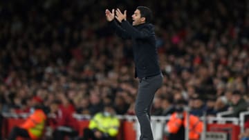 Arsenal's Spanish manager Mikel Arteta reacts during the English Premier League football match between Arsenal and Crystal Palace at the Emirates Stadium in London on October 18, 2021. - - RESTRICTED TO EDITORIAL USE. No use with unauthorized audio, video, data, fixture lists, club/league logos or 'live' services. Online in-match use limited to 120 images. An additional 40 images may be used in extra time. No video emulation. Social media in-match use limited to 120 images. An additional 40 images may be used in extra time. No use in betting publications, games or single club/league/player publications. (Photo by Glyn KIRK / AFP) / RESTRICTED TO EDITORIAL USE. No use with unauthorized audio, video, data, fixture lists, club/league logos or 'live' services. Online in-match use limited to 120 images. An additional 40 images may be used in extra time. No video emulation. Social media in-match use limited to 120 images. An additional 40 images may be used in extra time. No use in betting publications, games or single club/league/player publications. / RESTRICTED TO EDITORIAL USE. No use with unauthorized audio, video, data, fixture lists, club/league logos or 'live' services. Online in-match use limited to 120 images. An additional 40 images may be used in extra time. No video emulation. Social media in-match use limited to 120 images. An additional 40 images may be used in extra time. No use in betting publications, games or single club/league/player publications. (Photo by GLYN KIRK/AFP via Getty Images)